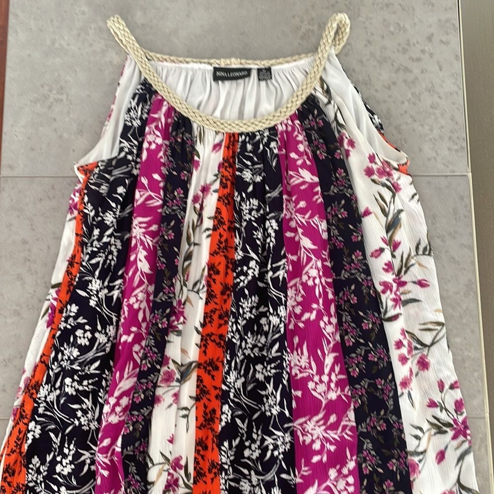 NINA LEONARD Gauzy Flowy‎ Braided Strap Mixed Floral Patchwork Trapeze Dress XL
